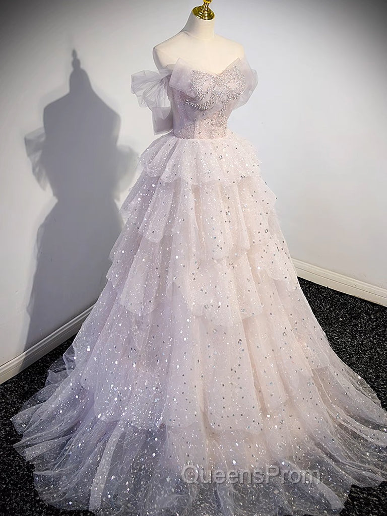 A-line Off Shoulder Tulle Sequin Light Pink Long Evening Prom Dress,Sequin Long Evening Dress