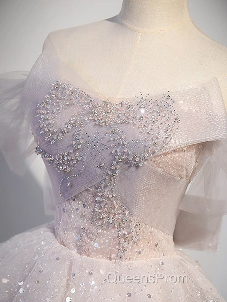 A-line Off Shoulder Tulle Sequin Light Pink Long Evening Prom Dress,Sequin Long Evening Dress