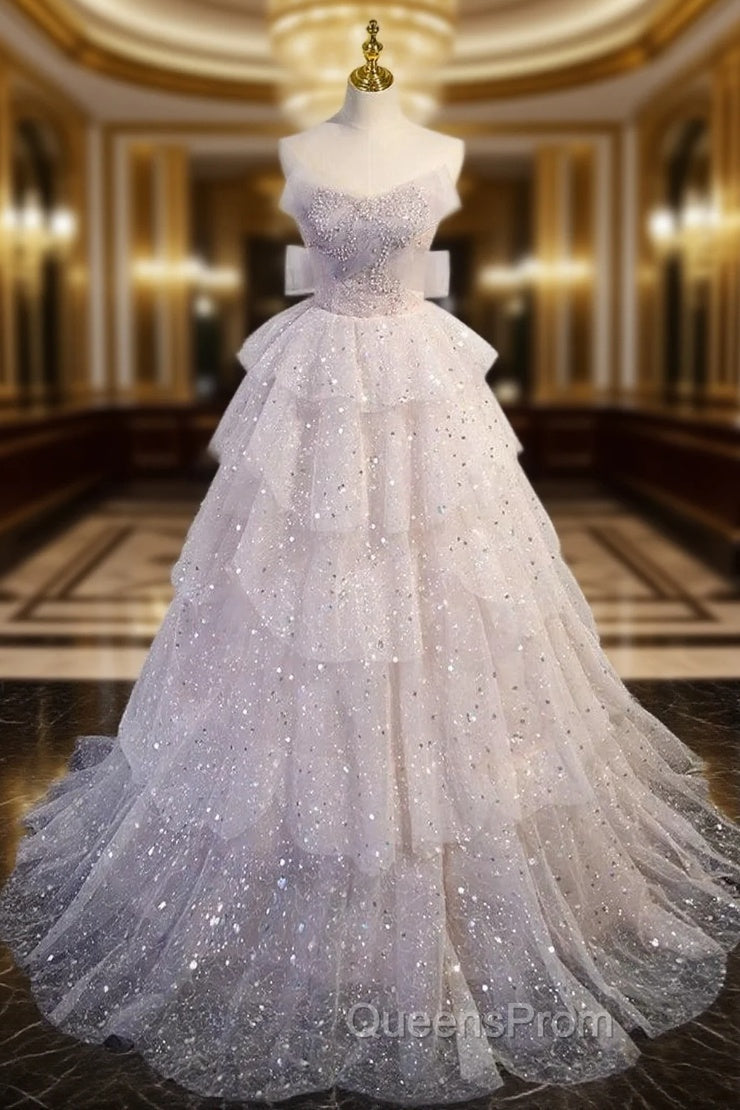 A-line Off Shoulder Tulle Sequin Light Pink Long Evening Prom Dress,Sequin Long Evening Dress Main image
