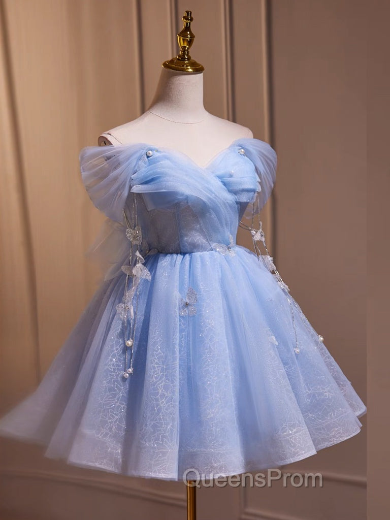A-Line Off Shoulder Tulle Short Blue Evening Prom Dress, Cute Blue Homecoming Dress Secondary image
