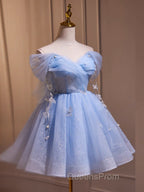 A-Line Off Shoulder Tulle Short Blue Evening Prom Dress, Cute Blue Homecoming Dress