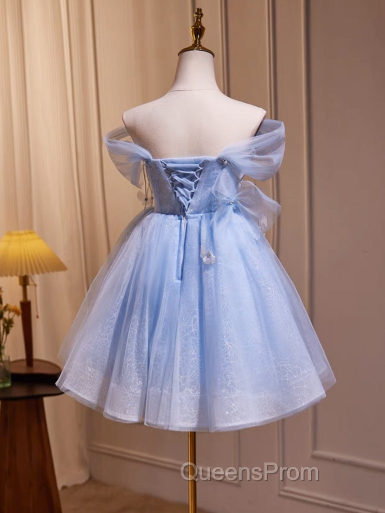 A-Line Off Shoulder Tulle Short Blue Evening Prom Dress, Cute Blue Homecoming Dress