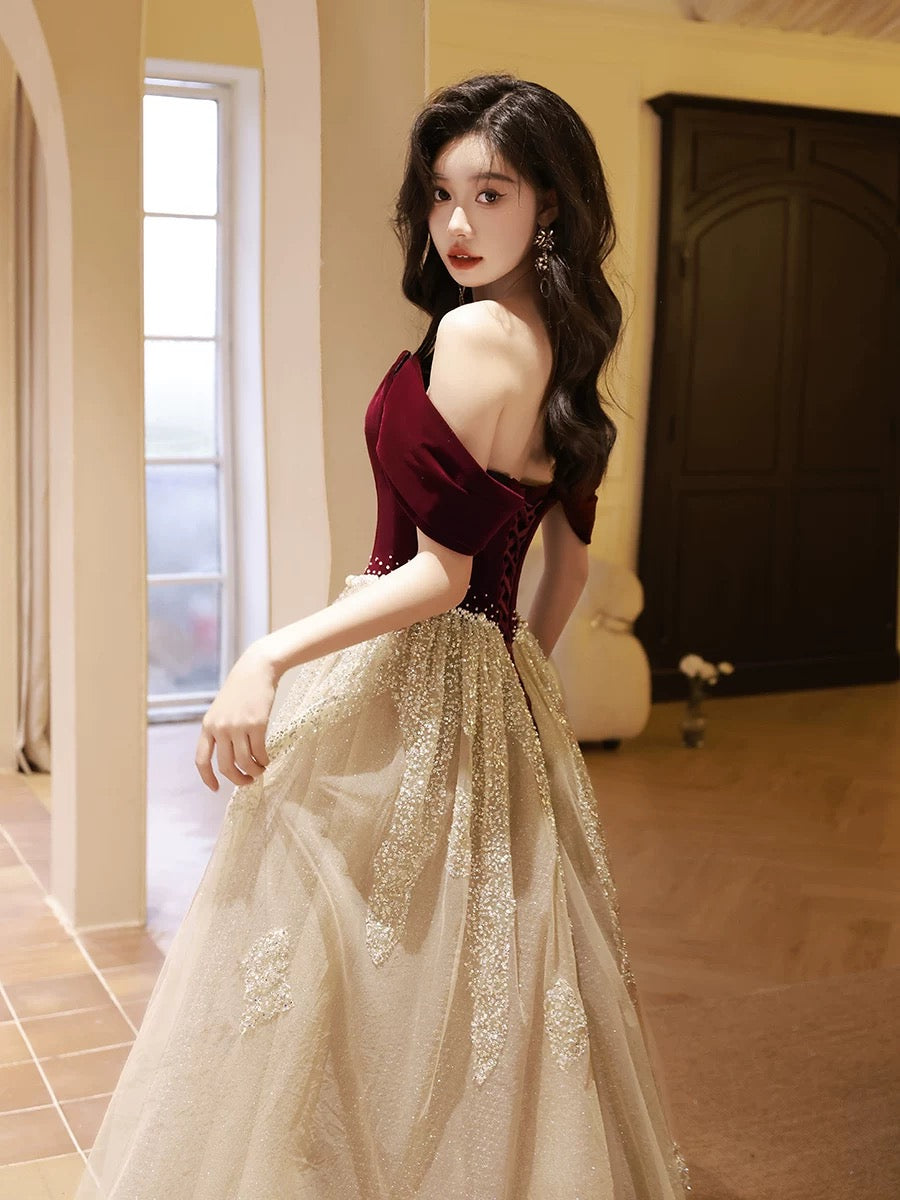 A-Line Off Shoulder Tulle Velvet Floor Length Champagne Classy Prom Dress With Sequin Secondary image
