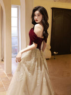 A-Line Off Shoulder Tulle Velvet Floor Length Champagne Classy Prom Dress With Sequin