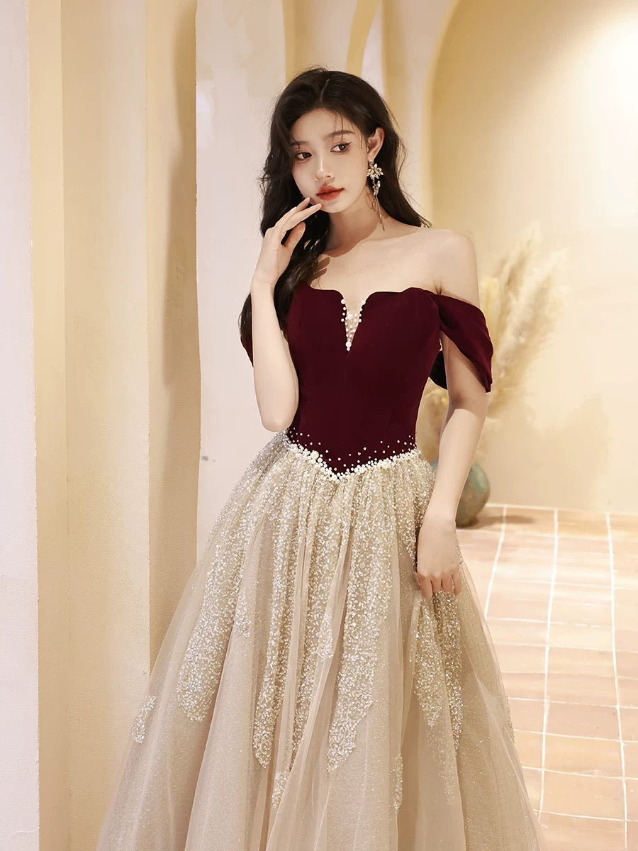 A-Line Off Shoulder Tulle Velvet Floor Length Champagne Classy Prom Dress With Sequin