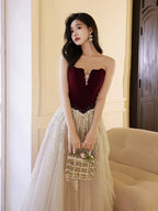 A-Line Off Shoulder Tulle Velvet Floor Length Champagne Classy Prom Dress With Sequin