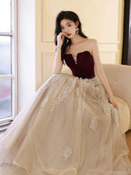 A-Line Off Shoulder Tulle Velvet Floor Length Champagne Classy Prom Dress With Sequin