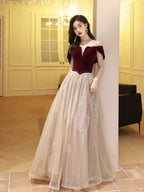 A-Line Off Shoulder Tulle Velvet Floor Length Champagne Classy Prom Dress With Sequin