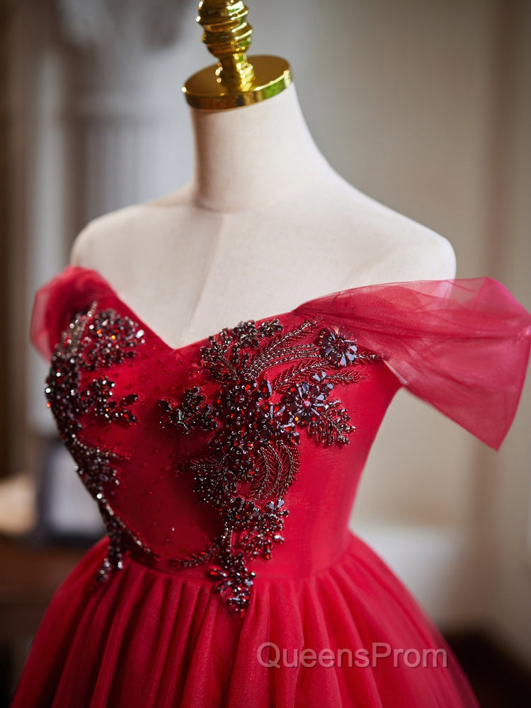 A-Line Off Shoulder V Neck Tulle Burgundy Short Evening Prom Dress With Beads