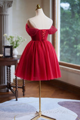 A-Line Off Shoulder V Neck Tulle Burgundy Short Evening Prom Dress With Beads