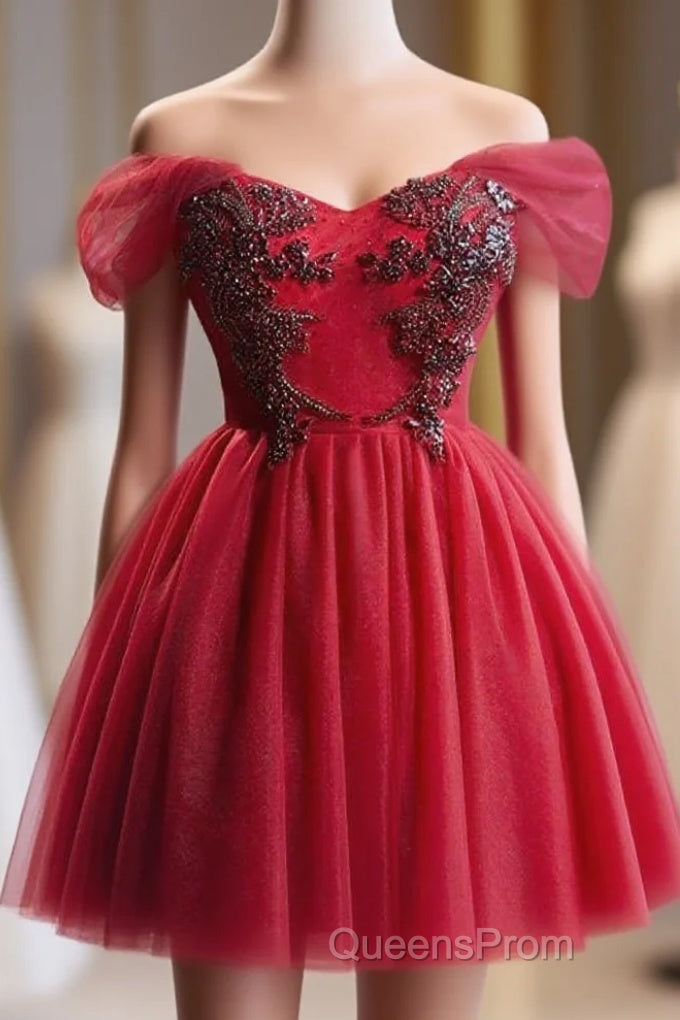 A-Line Off Shoulder V Neck Tulle Burgundy Short Evening Prom Dress With Beads Main image