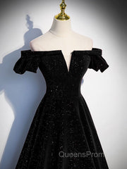 A-Line Off Shoulder Velvet Black Long Evening Prom Dress, Black Evening Dress