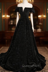 A-Line Off Shoulder Velvet Black Long Evening Prom Dress, Black Evening Dress