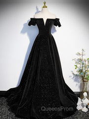 A-Line Off Shoulder Velvet Black Long Evening Prom Dress, Black Evening Dress