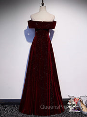 A-Line Off Shoulder Velvet Burgundy Long Evening Prom Dress, Burgundy Long Evening Dress