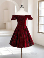 A-Line Off Shoulder Velvet Burgundy Short Evening Prom Dress, Burgundy Homecoming Dress