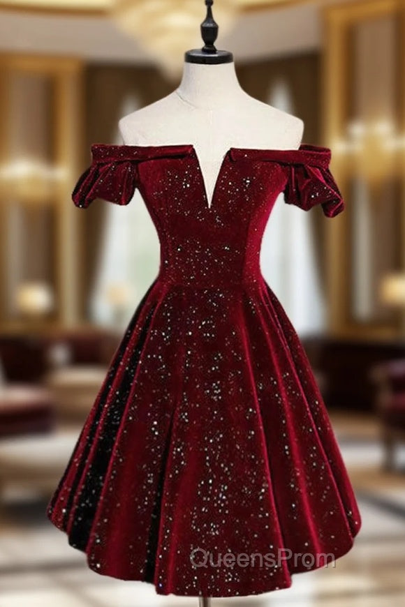 A-Line Off Shoulder Velvet Burgundy Short Evening Prom Dress, Burgundy Homecoming Dress Main image