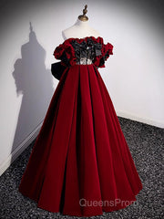 A-Line Off Shoulder Velvet Lace Burgundy Long Evening Prom Dress, Burgundy Long Formal Dress