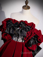 A-Line Off Shoulder Velvet Lace Burgundy Long Evening Prom Dress, Burgundy Long Formal Dress