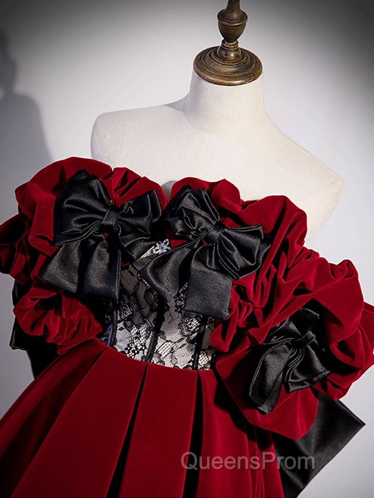 A-Line Off Shoulder Velvet Lace Burgundy Long Evening Prom Dress, Burgundy Long Formal Dress