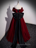 A-Line Off Shoulder Velvet Lace Burgundy Long Evening Prom Dress, Burgundy Long Formal Dress