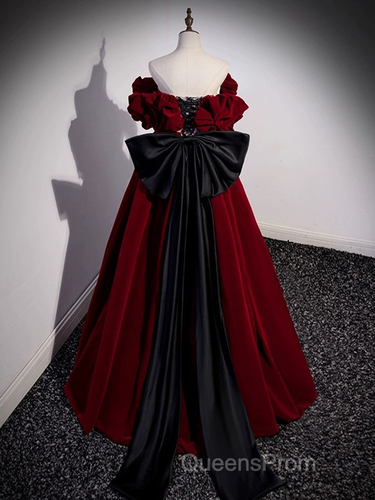 A-Line Off Shoulder Velvet Lace Burgundy Long Evening Prom Dress, Burgundy Long Formal Dress