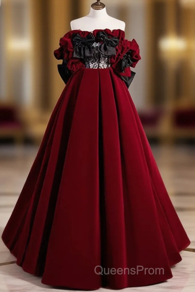 A-Line Off Shoulder Velvet Lace Burgundy Long Evening Prom Dress, Burgundy Long Formal Dress Main image