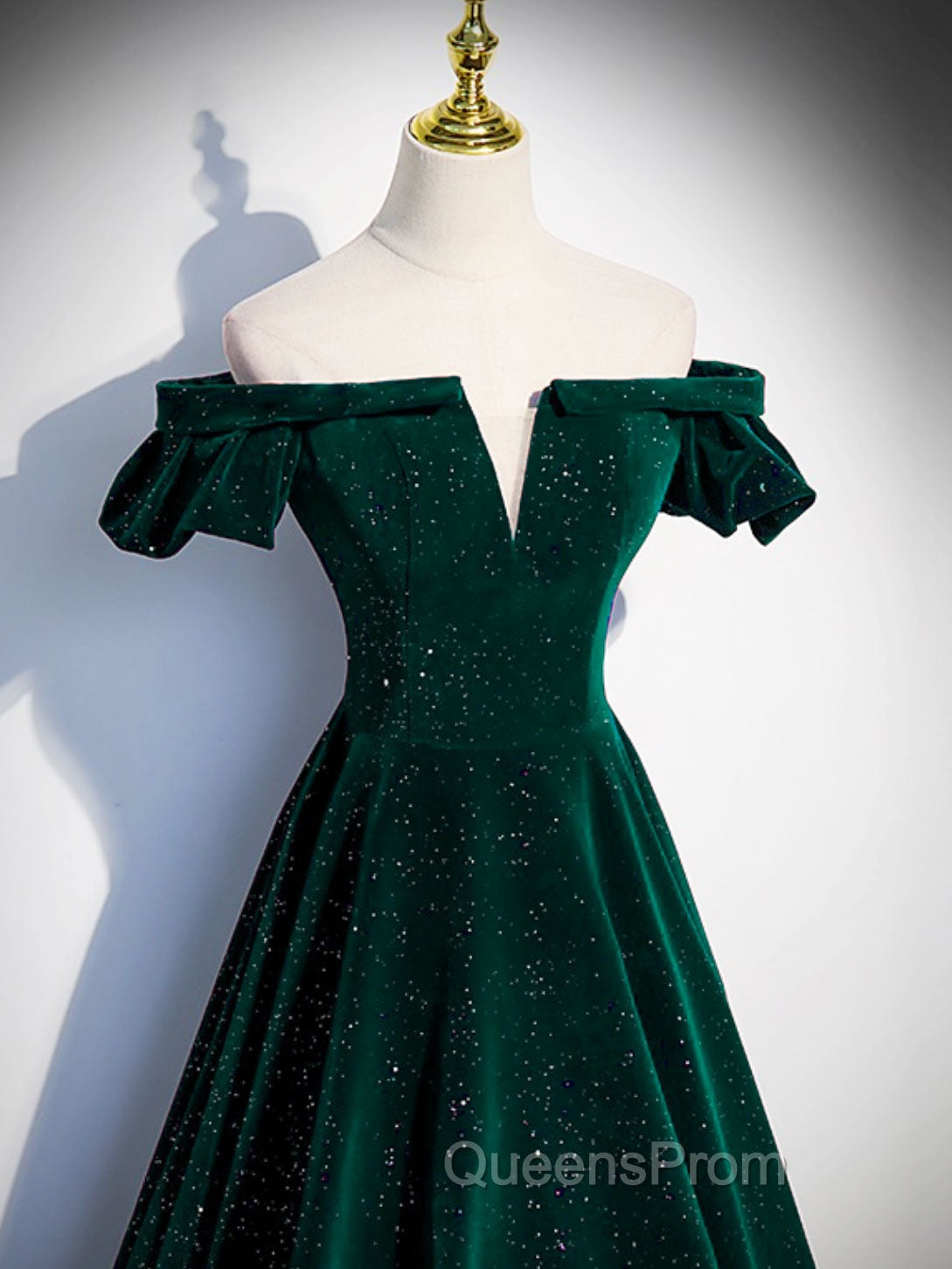 A-Line Off Shoulder Velvet Long Evening Prom Dress, Green Velvet Graduation Dress