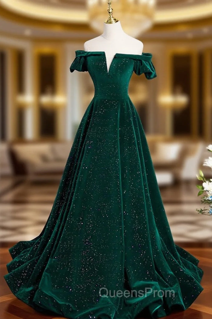A-Line Off Shoulder Velvet Long Evening Prom Dress, Green Velvet Graduation Dress Main image