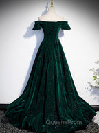 A-Line Off Shoulder Velvet Long Evening Prom Dress, Green Velvet Graduation Dress