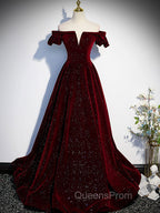 A-Line Off Shoulder Velvet Long Evening Prom Dress, Green Velvet Graduation Dress