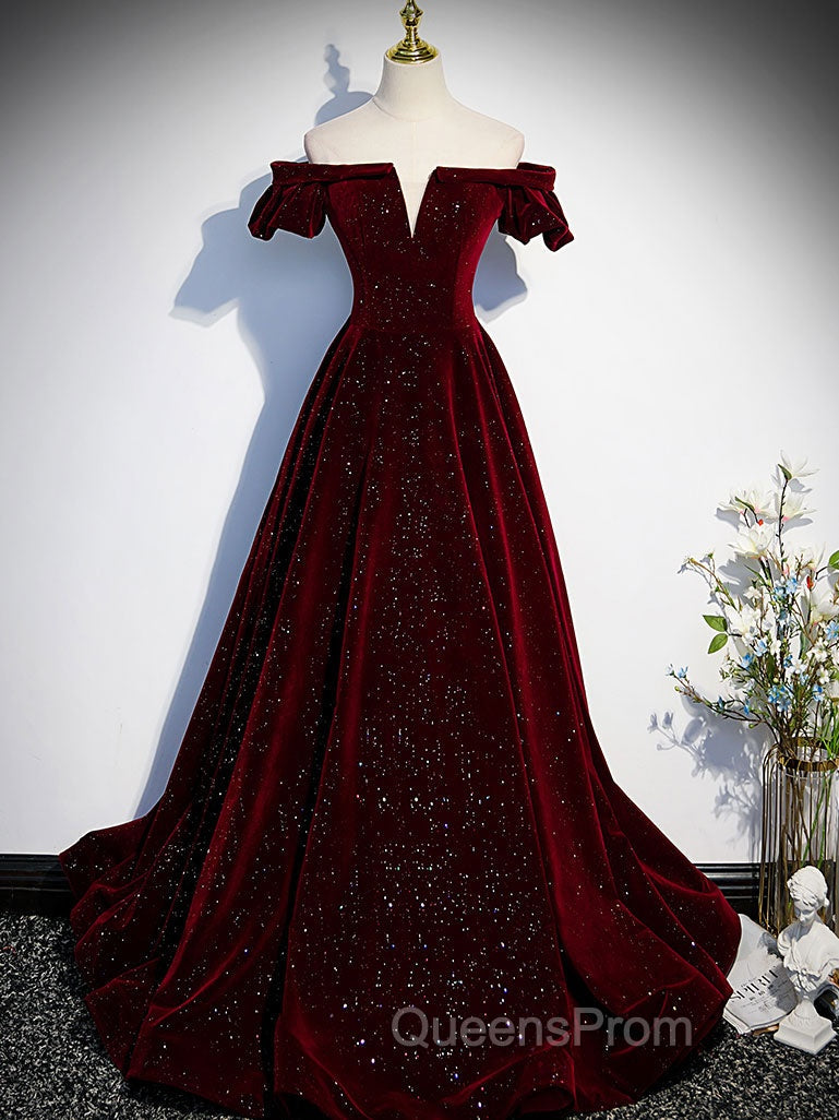 A-Line Off Shoulder Velvet Long Evening Prom Dress, Green Velvet Graduation Dress