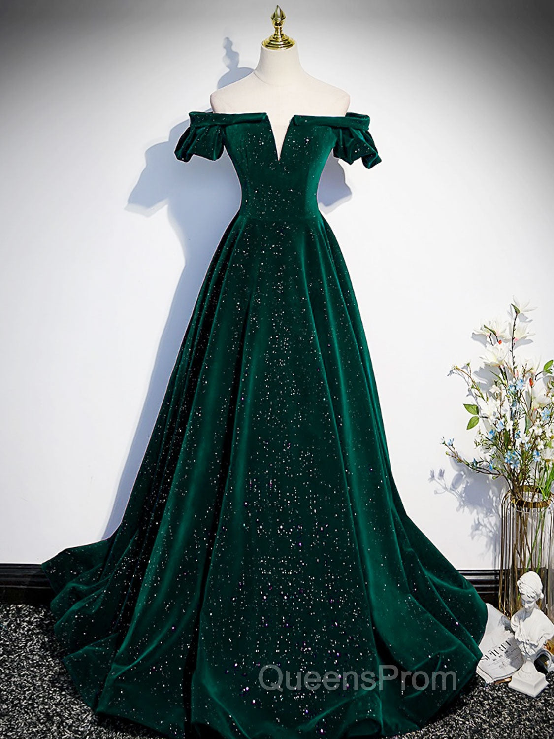 A-Line Off Shoulder Velvet Long Evening Prom Dress, Green Velvet Graduation Dress