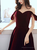 A-Line off Shoulder Velvet Tea Length Burgundy Prom Dress, Burgundy Evening Dress