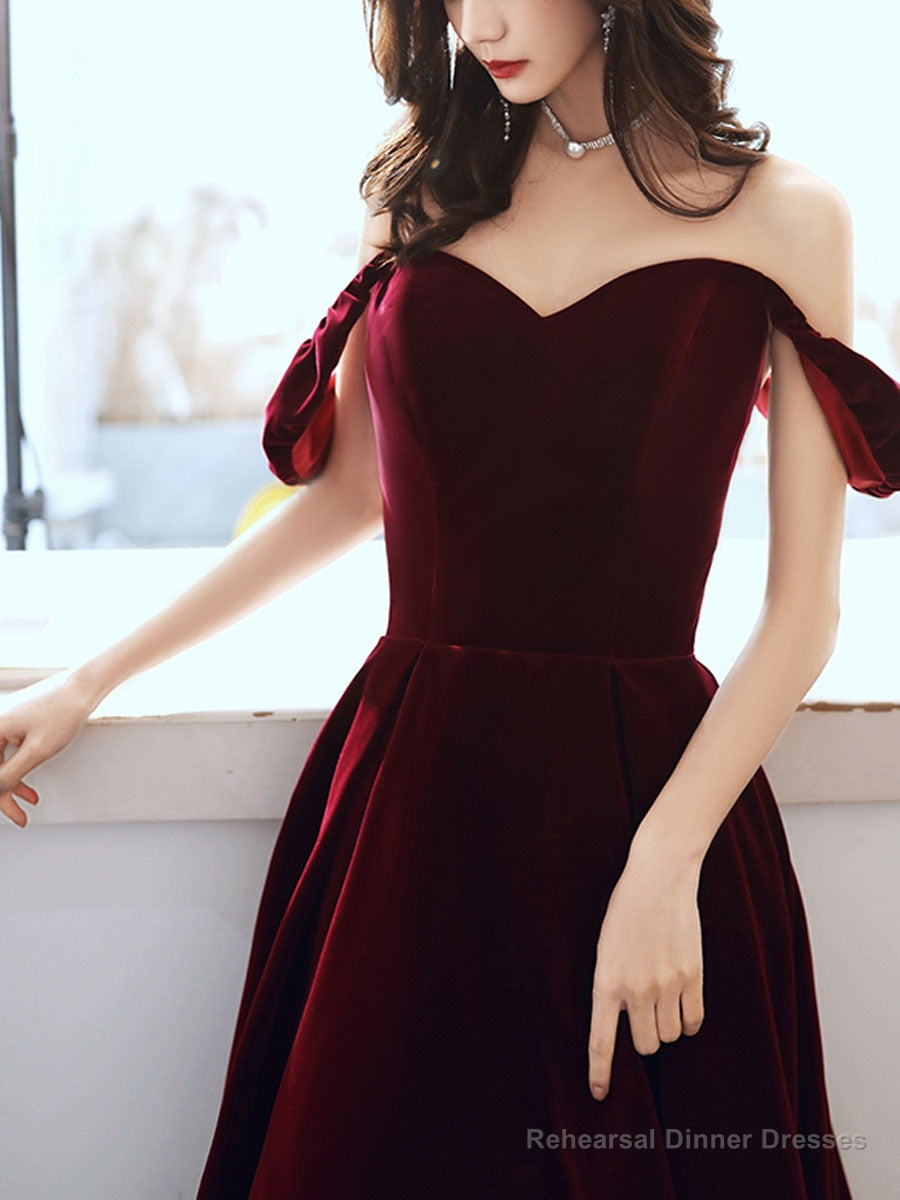 A-Line off Shoulder Velvet Tea Length Burgundy Prom Dress, Burgundy Evening Dress
