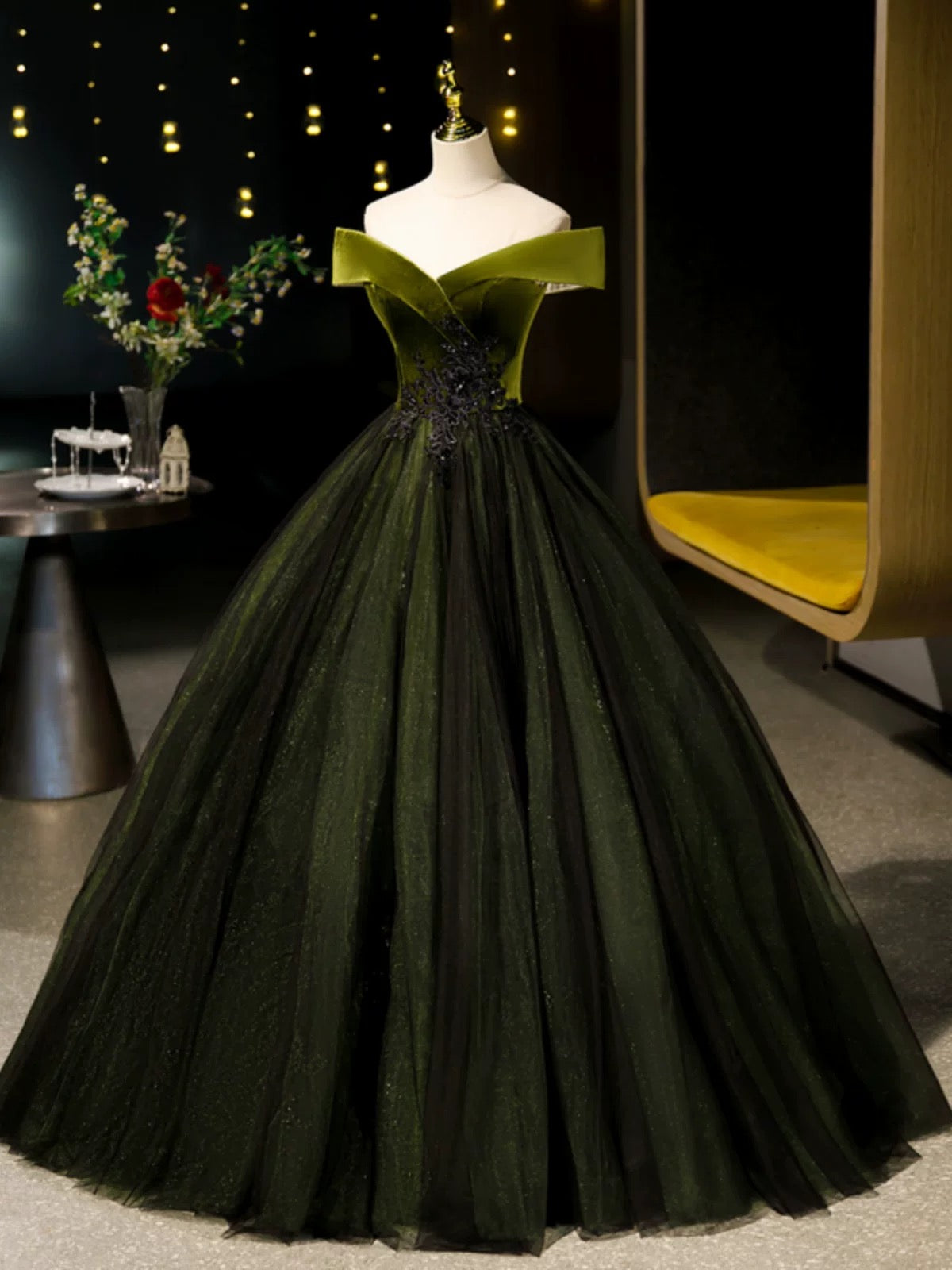 A-Line Off Shoulder Velvet Tulle Green Long Classy Prom Dress, Green Long Classy Dress Secondary image