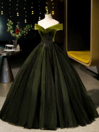A-Line Off Shoulder Velvet Tulle Green Long Classy Prom Dress, Green Long Classy Dress