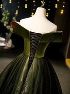 A-Line Off Shoulder Velvet Tulle Green Long Classy Prom Dress, Green Long Classy Dress
