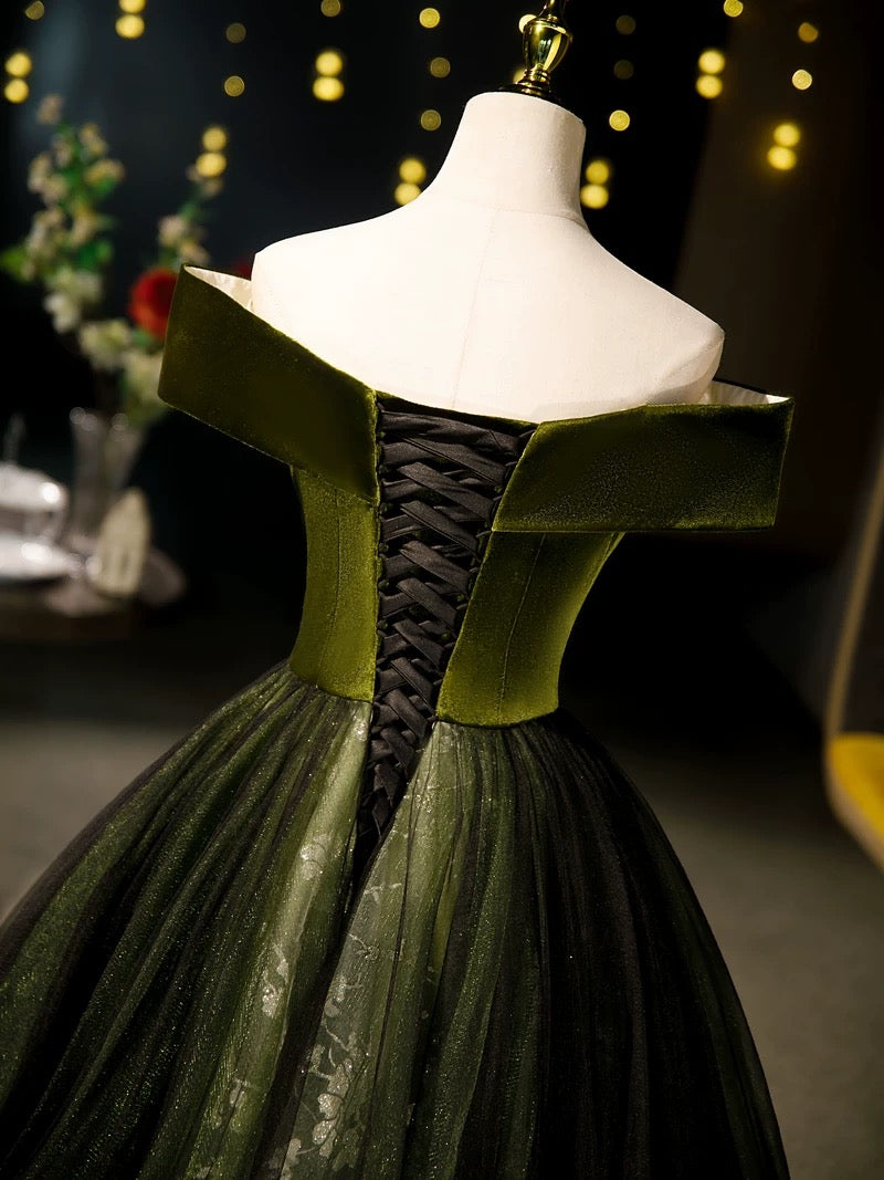 A-Line Off Shoulder Velvet Tulle Green Long Classy Prom Dress, Green Long Classy Dress