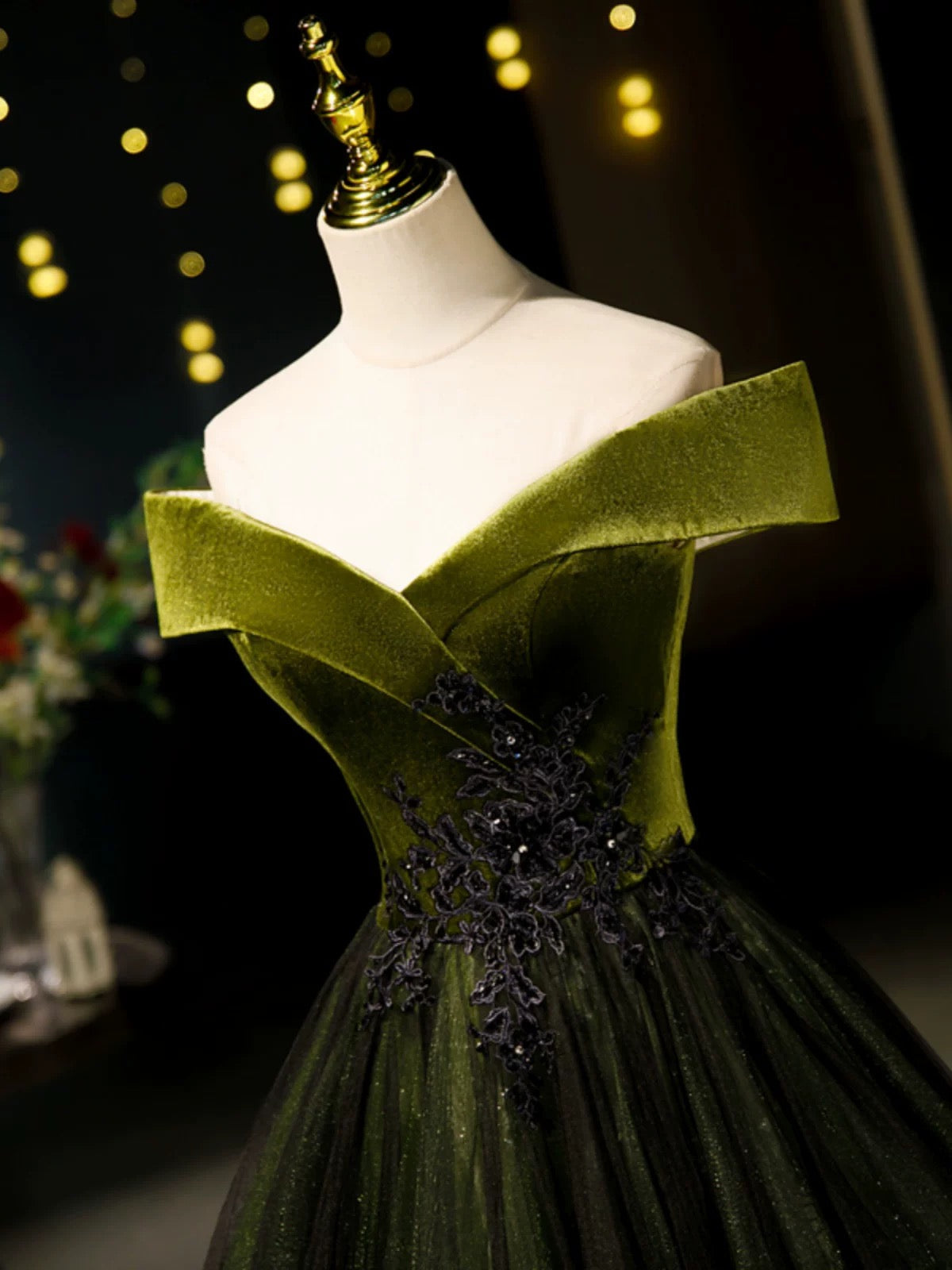 A-Line Off Shoulder Velvet Tulle Green Long Classy Prom Dress, Green Long Classy Dress