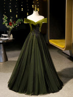 A-Line Off Shoulder Velvet Tulle Green Long Classy Prom Dress, Green Long Classy Dress