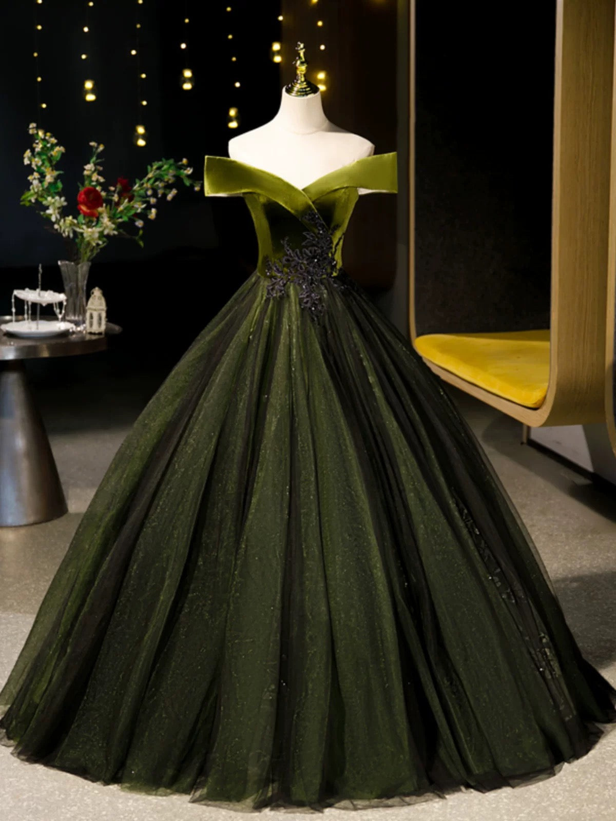 A-Line Off Shoulder Velvet Tulle Green Long Classy Prom Dress, Green Long Classy Dress Main image