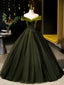 A-Line Off Shoulder Velvet Tulle Green Long Classy Prom Dress, Green Long Classy Dress