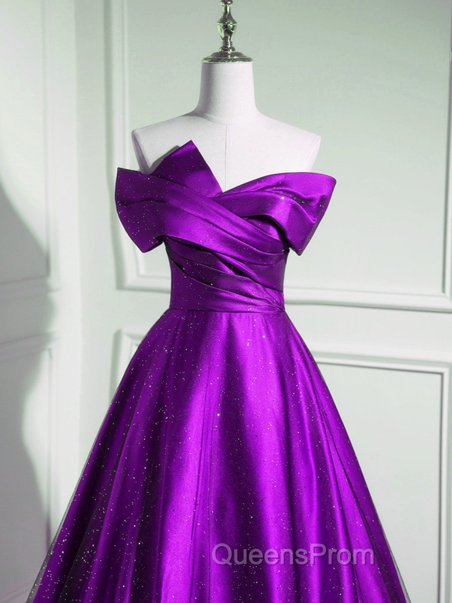 A-Line Off Shouolder Black And Purple Satin Party Dress, Long Evening Prom Dress Secondary image