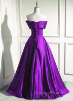 A-Line Off Shouolder Black And Purple Satin Party Dress, Long Evening Prom Dress
