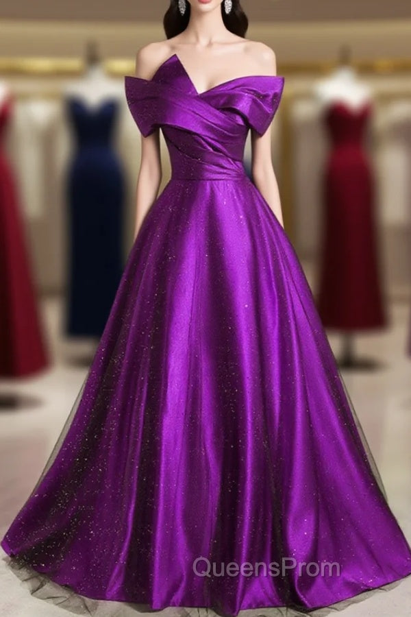 A-Line Off Shouolder Black And Purple Satin Party Dress, Long Evening Prom Dress Main image