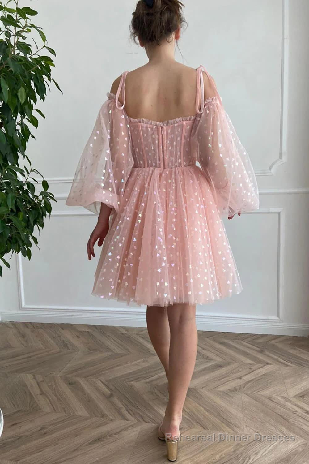A Line Off the Shoulder Blush Short Homecoming Dress with Long Sleeves Secondary image