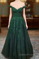A-Line Off-the-Shoulder Glitter Appliqued Tulle Evening Prom Dress/Evening Dress with Regular Straps