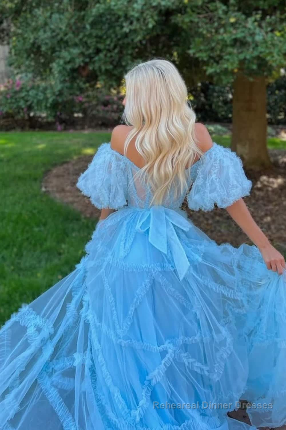 A Line Off the Shoulder Light Blue Tulle Corset Prom Dress with Bowknot Secondary image