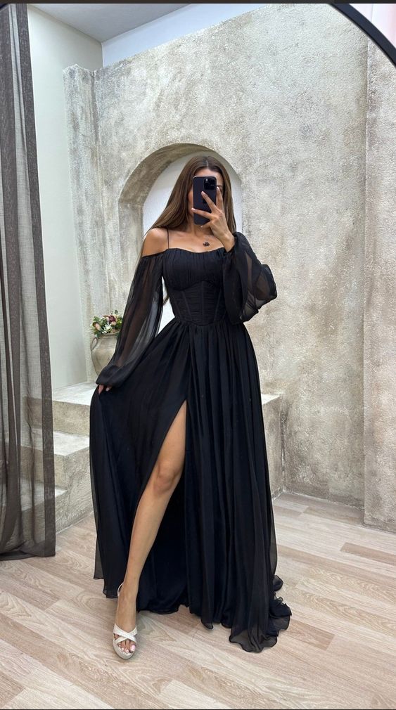 A Line Off The Shoulder Long Black Slit Classy Prom Dress 21Th Birthday Outfits Main image